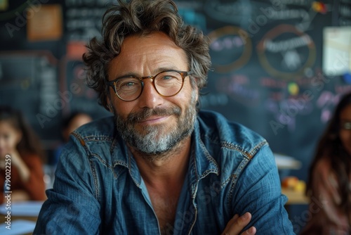 Friendly man with curly hair and glasses smiles warmly, donned in a denim shirt inside a classroom