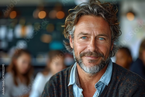 Confident man with tousled hair and a beard gives a charismatic look in stylish, patterned clothing photo