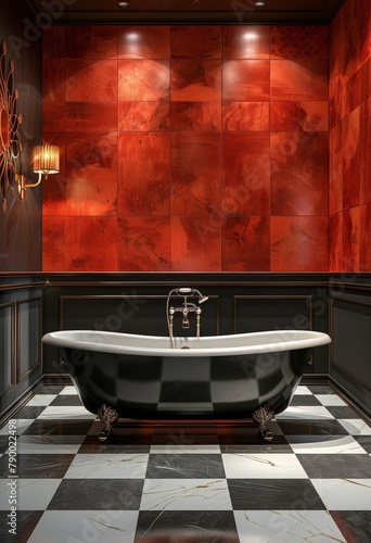 Modern Bathroom With Black and White Checkered Floor