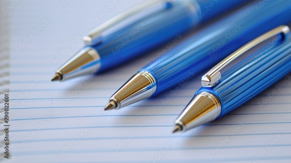 Blue plastic and metal ballpoint pen set on a lined notebook Blue plastic and metal ballpoint pen set on a lined notebook