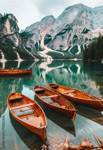 Two Wooden Boats Floating on Lake With Mountains in Background