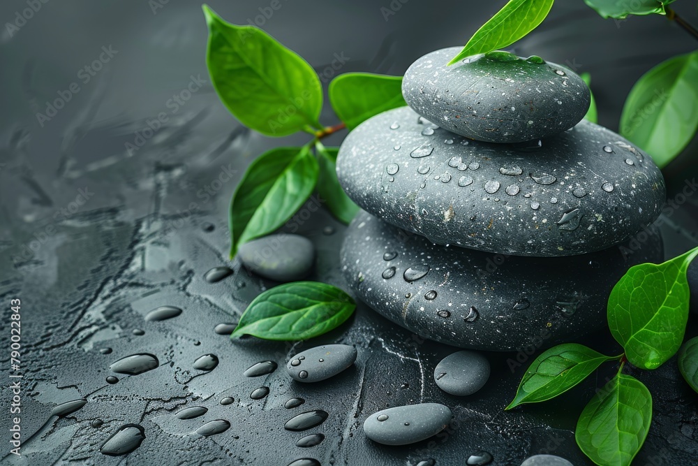 Carefully stacked black stones creating a tower, complemented by fresh green leaves on a wet surface Carefully stacked black stones creating a tower, complemented by fresh green leaves on a wet surface