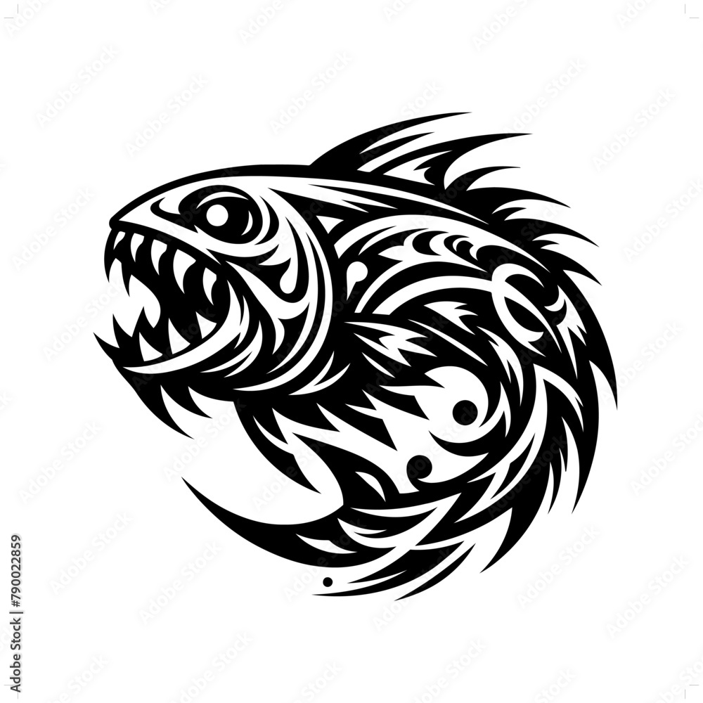 fangtooth fish in modern tribal tattoo, abstract line art of animals, minimalist contour. Vector