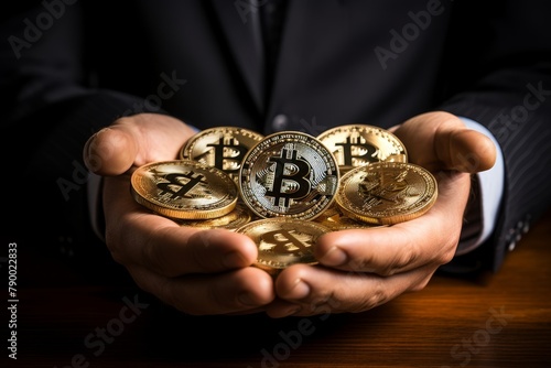 Businessman holding stack of shiny golden bitcoin coins, cryptocurrency investment concept