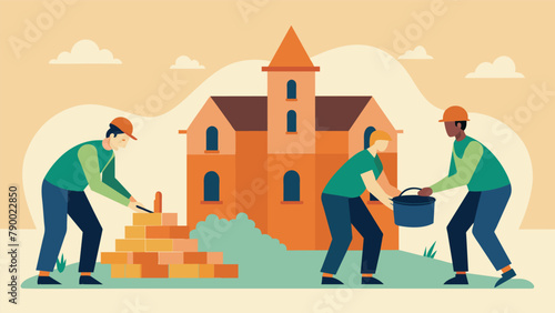 A team of dedicated individuals hauling buckets of mortar and carefully laying each brick by hand to rebuild a crumbling th century church.