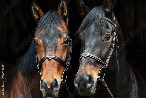 The compelling image showcases a pair of striking horses, their eyes and expressions captured in beautiful detail, adorned with elegant bridles © Larisa AI