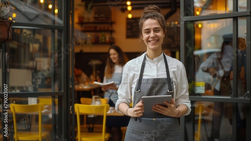 Woman Holding Tablet in Front of Restaurant