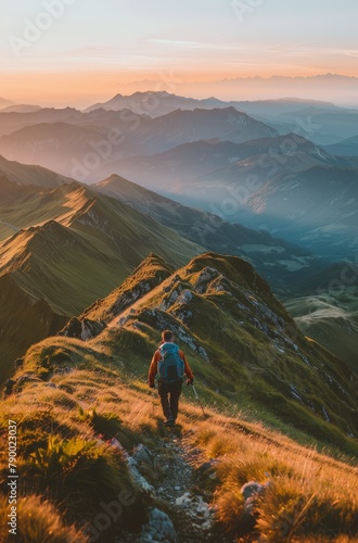 Man Hiking up Mountain Trail at Sunset
