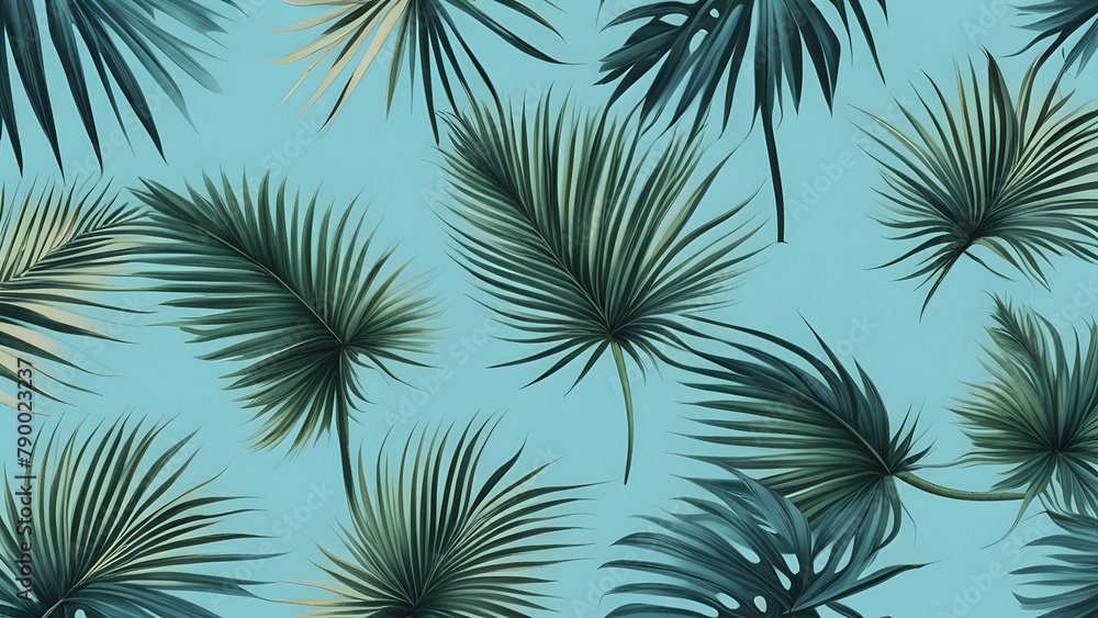 A close up of a palm tree pattern on a blue background Generative AI