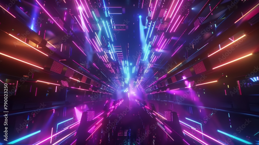 Explore a futuristic music festival scene from an unexpected tilted angle view, showcasing holographic performances under neon lights in CG 3D rendering, - obrazy, fototapety, plakaty 