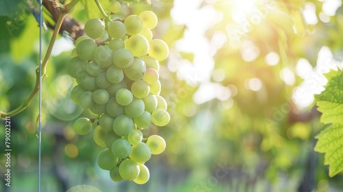 Green Grapes Hanging on a Tree in a Warm Environment Growing Immature Grapes in a Well Tended Modern Agricultural Setting with a Natural Vineyard Background