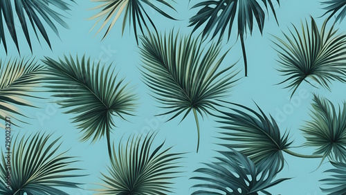 A close up of a palm tree pattern on a blue background Generative AI