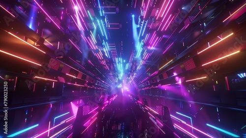 Explore a futuristic music festival scene from an unexpected tilted angle view, showcasing holographic performances under neon lights in CG 3D rendering, photo
