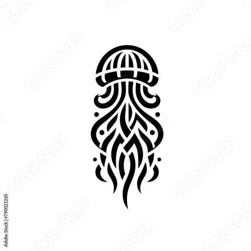 jellyfish in modern tribal tattoo, abstract line art of animals, minimalist contour. Vector