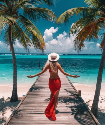 Woman in Red Dress and Hat Walking on Pier