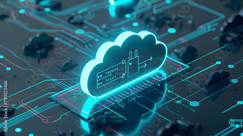 A digitally created image of a sign denoting cloud security. featuring elements like data flow diagrams and secure server symbols in turquoise light projections on a dark grey canvas photo