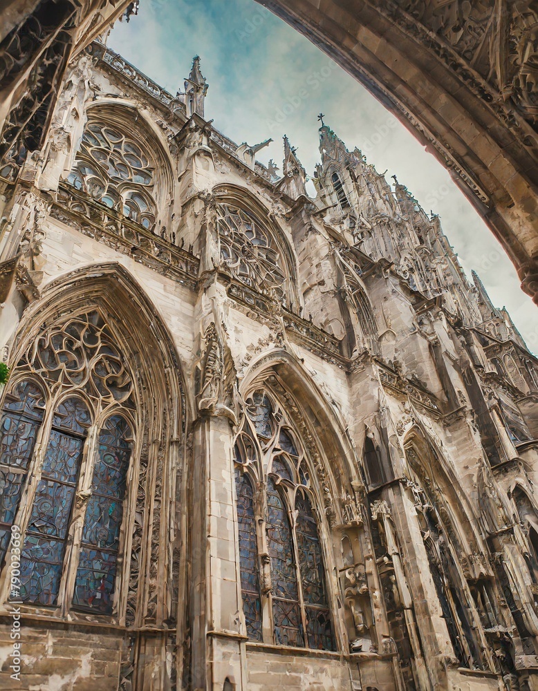 Show a detailed architectural facade of a gothic cathedral, emphasizing the complex patterns of stained glass windows and carved stone tracery.