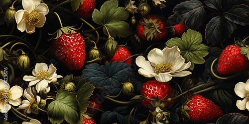 Clean seamless repeating pattern of strawberries with floral decoration witj flowers and leaves background scene © AkimD