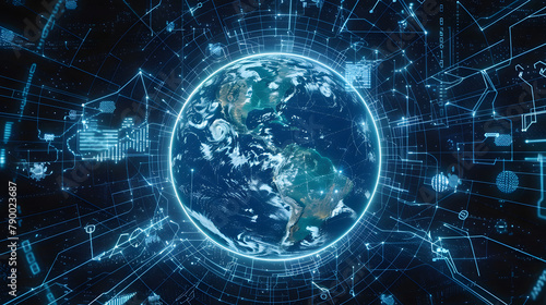 A digitized earth orbited by network circuits. with representations of programmers working around it in various actions. The background is deep azure