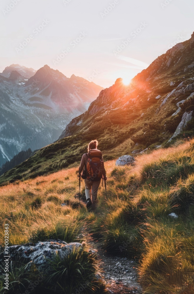 Man Hiking up Mountain Trail at Sunset