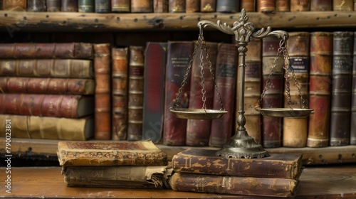 Statue of Justice Among Library Shelves of Law Books.