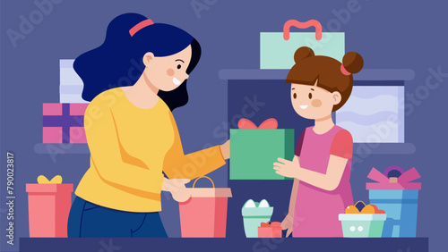 A mother and daughter shopping for gifts together carefully choosing items to exchange with each other and sharing stories and memories along