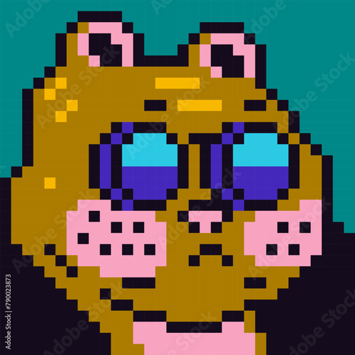 Avatar pixel art female character with glasses, 8-bit girl, cartoon vector icon, game user or web profile person, people, social net portrait, woman face, minimalistic fashion, vector illustration