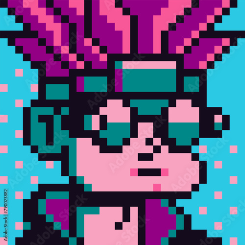 Cyber boy with futuristic glasses and punk hairstyle, 8-bit boy, pixel art male character, fashion man avatar, cartoon vector icon, game user or web profile person, people, social net portrait.