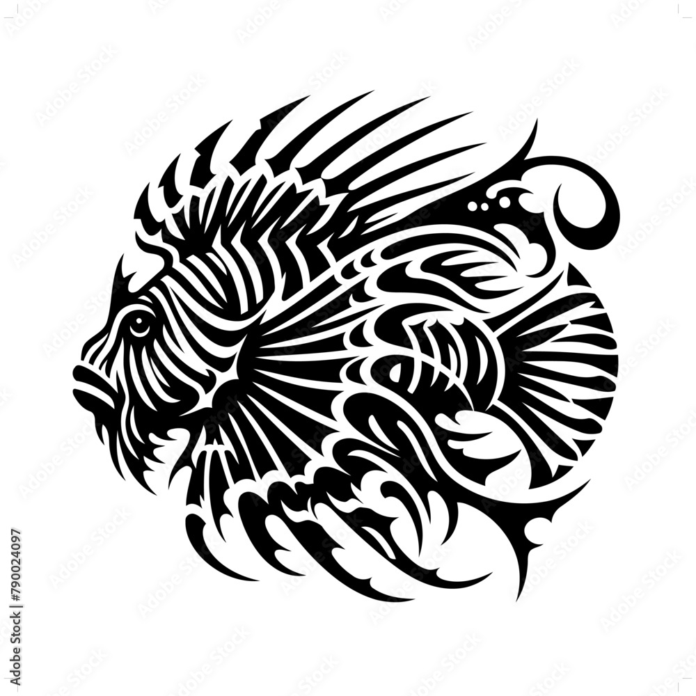 Lionfish in modern tribal tattoo, abstract line art of animals, minimalist contour. Vector Lionfish in modern tribal tattoo, abstract line art of animals, minimalist contour. Vector