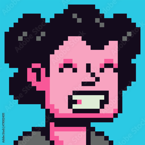 Pixel art young woman face, 8-bit girl with smile, avatar female character, cartoon vector icon, game user or web profile persons and people, social net portrait, minimalistic fashion, vector