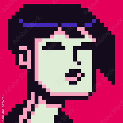 Pixel art young woman face, 8-bit girl, avatar female character, cartoon vector icon, game user or web profile persons and people, social net portrait, minimalistic fashion, vector