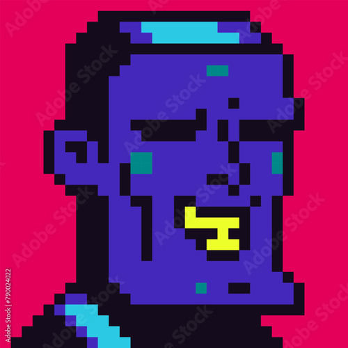 8-bit guy blue face, funny boy, pixel art male character, fashion man avatar, cartoon vector icon, game user or web profile person, people, social net portrait, minimalistic fashion, vector