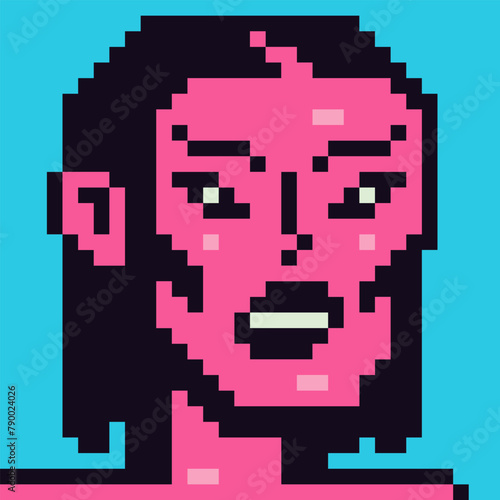 Pixel art strange woman face, 8-bit girl, avatar female character, cartoon vector icon, game user or web profile persons and people, social net portrait, minimalistic fashion, vector