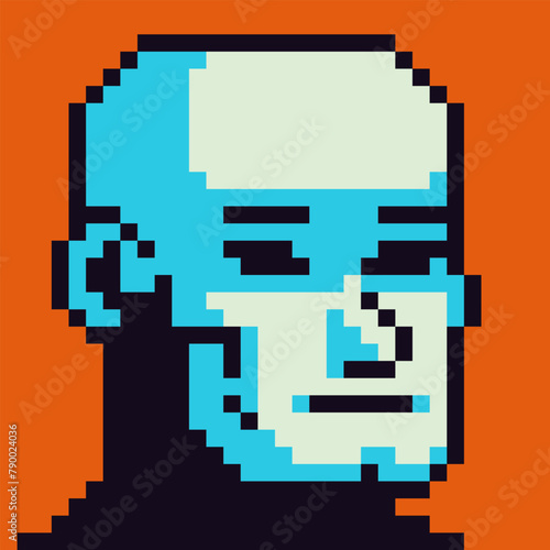 Bald man avatar pixel art character 8-bit, cartoon, game user or web profile person, people, social net male portrait, strange guy face, minimalistic vector illustration.