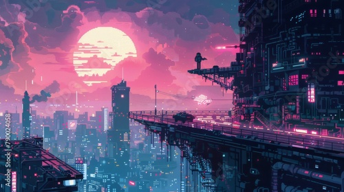 Illustrate a futuristic utopia where extreme sports reign supreme using pixel art Experiment with innovative lighting to create a mesmerizing scene that combines adrenaline and serenity, photo