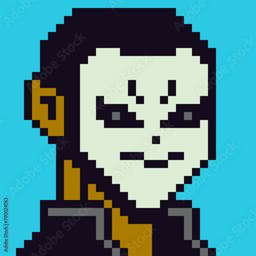 man in masquerade mask 8-bit boy, pixel art male character, fashion man avatar, cartoon vector icon, game user web profile person, people, social net portrait, young guy face, minimalistic cryptoart.