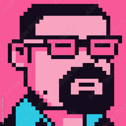 8-bit man with beard in glasses, avatar pixel art male character, cartoon vector icon, game user or web profile person, people, social net portrait, young guy face, minimalistic fashion, vector