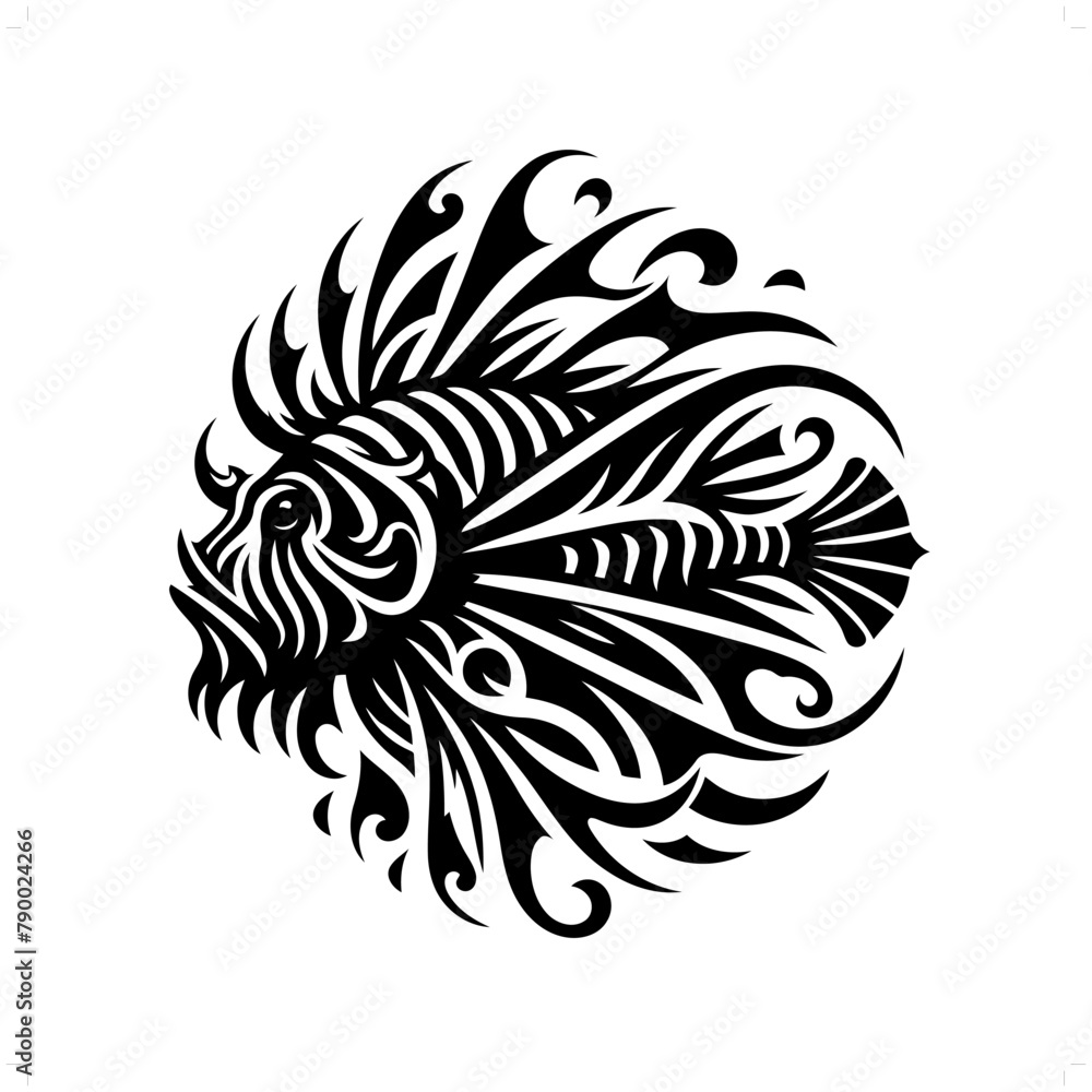 Lionfish in modern tribal tattoo, abstract line art of animals, minimalist contour. Vector Lionfish in modern tribal tattoo, abstract line art of animals, minimalist contour. Vector