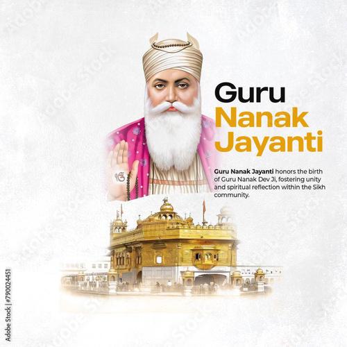 An illustration celebrating Guru Nanak Jayanti, featuring Guru Nanak and the Golden Temple. Honoring the birth and teachings of the Sikh Guru.
