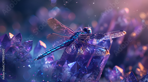 A dragonfly with metallic colors resting on the tip of a mysterious. luminous indigo and violet crystal cluster.  © Oleksandr