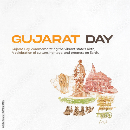 A creative design celebrating Gujarat Day, featuring illustrations of the state’s iconic landmarks, culture, and heritage. The artwork emphasizes Gujarat's vibrant traditions and progressive spirit