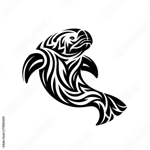 manatee; dugong in modern tribal tattoo, abstract line art of animals, minimalist contour. Vector