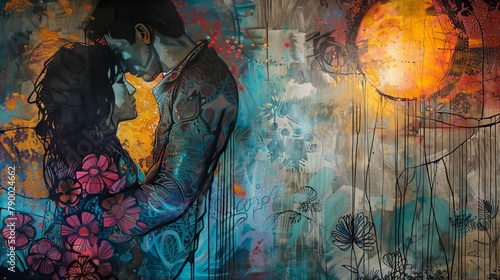Illustrate a unique blend of romance and urban street art with a creative use of color and texture, incorporating innovative lighting effects to bring depth and mood to the scene, using a mix of acryl