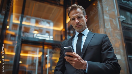 Man in a Suit Looking at a Cell Phone