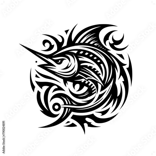 Marlin fish in modern tribal tattoo, abstract line art of animals, minimalist contour. Vector