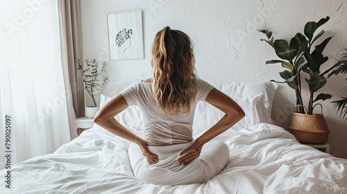 Backache and Lower back pain. Young woman suffering from back pain, on bed after waking up photo
