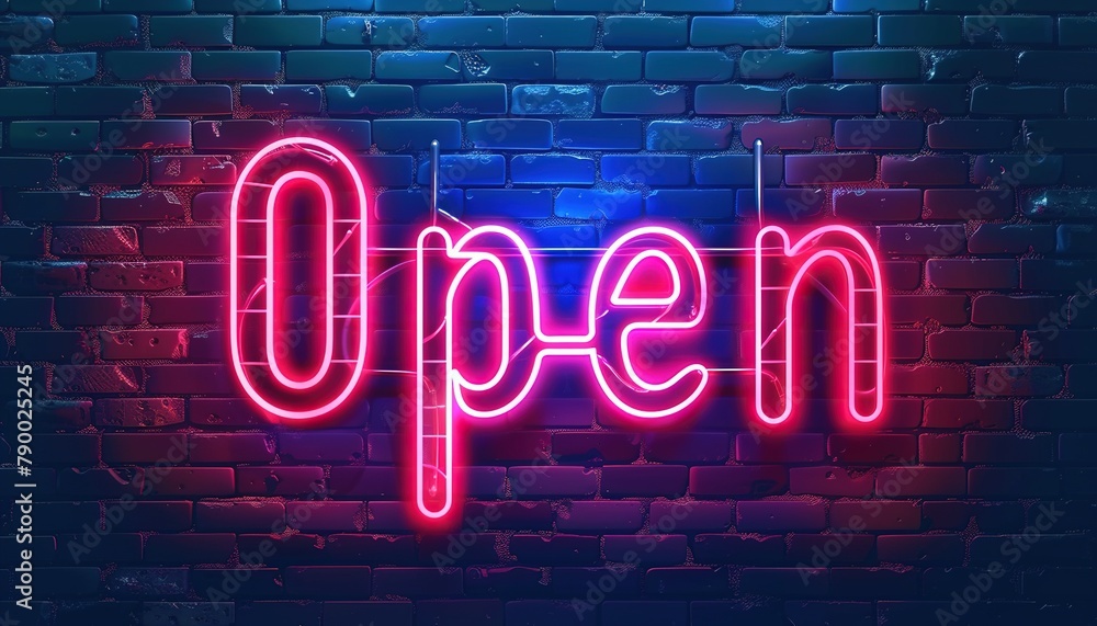 A blue-red neon sign that says OPEN in white letters on the brick wall. Created with Ai technology. A blue-red neon sign that says OPEN in white letters on the brick wall. Created with Ai technology.