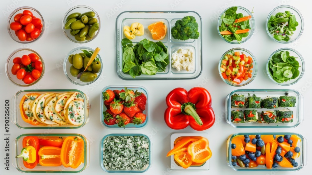Colorful Vegan Meal Prep Setup with Stuffed Peppers and Salads Colorful Vegan Meal Prep Setup with Stuffed Peppers and Salads