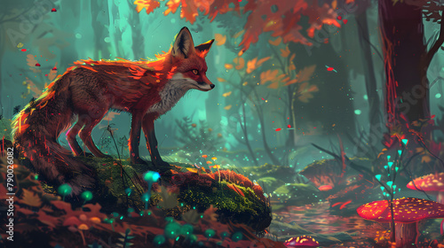 A fox with fiery colors prowling near an ethereal. sparkling ruby and emerald mushroom forest. 