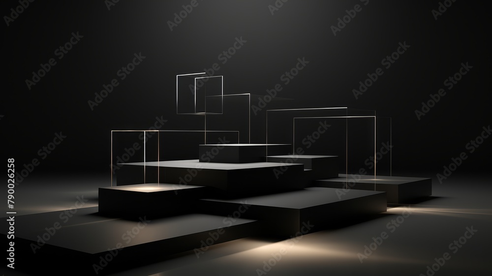 Minimalist, dark geometric shadows cast by floating 3D squares, Minimalist, dark geometric shadows cast by floating 3D squares,